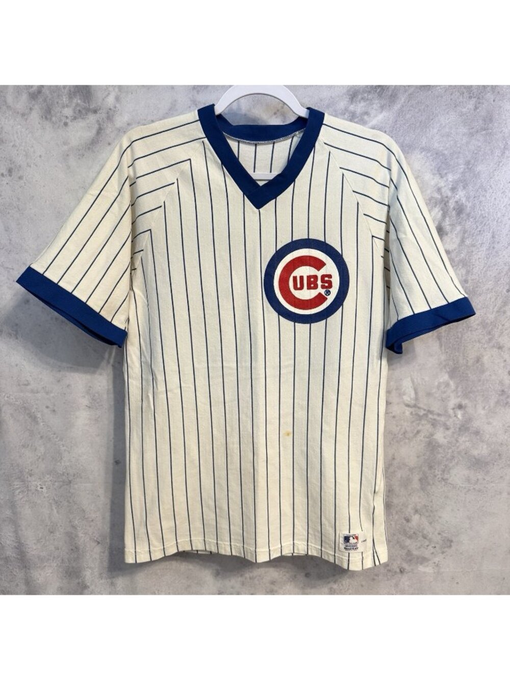 VTG Chicago Cubs Baseball Jersey Large Medalist Sand Knit 1980s Pinstripe MLB